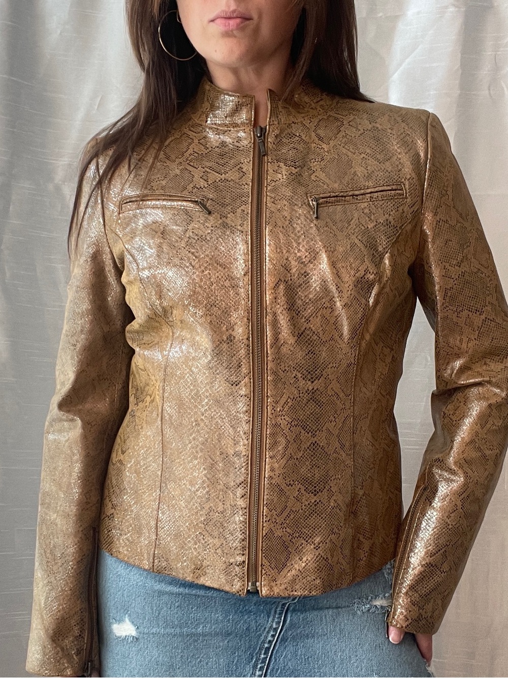 Vakko Genuine Leather Jacket Womens Medium Brown Snakeskin Moto Biker Grunge Y2K